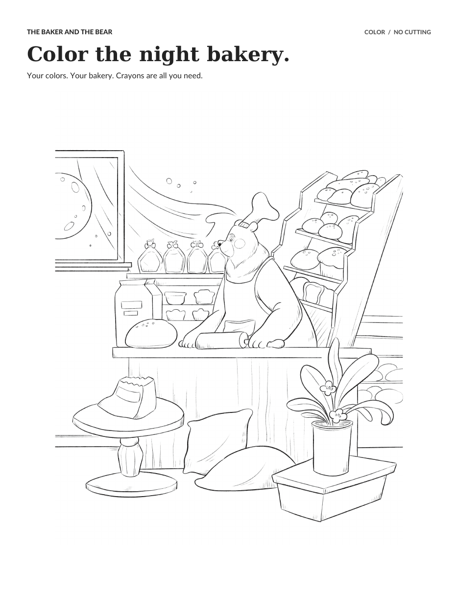 First page of The Hug Button Kit: a night bakery coloring page