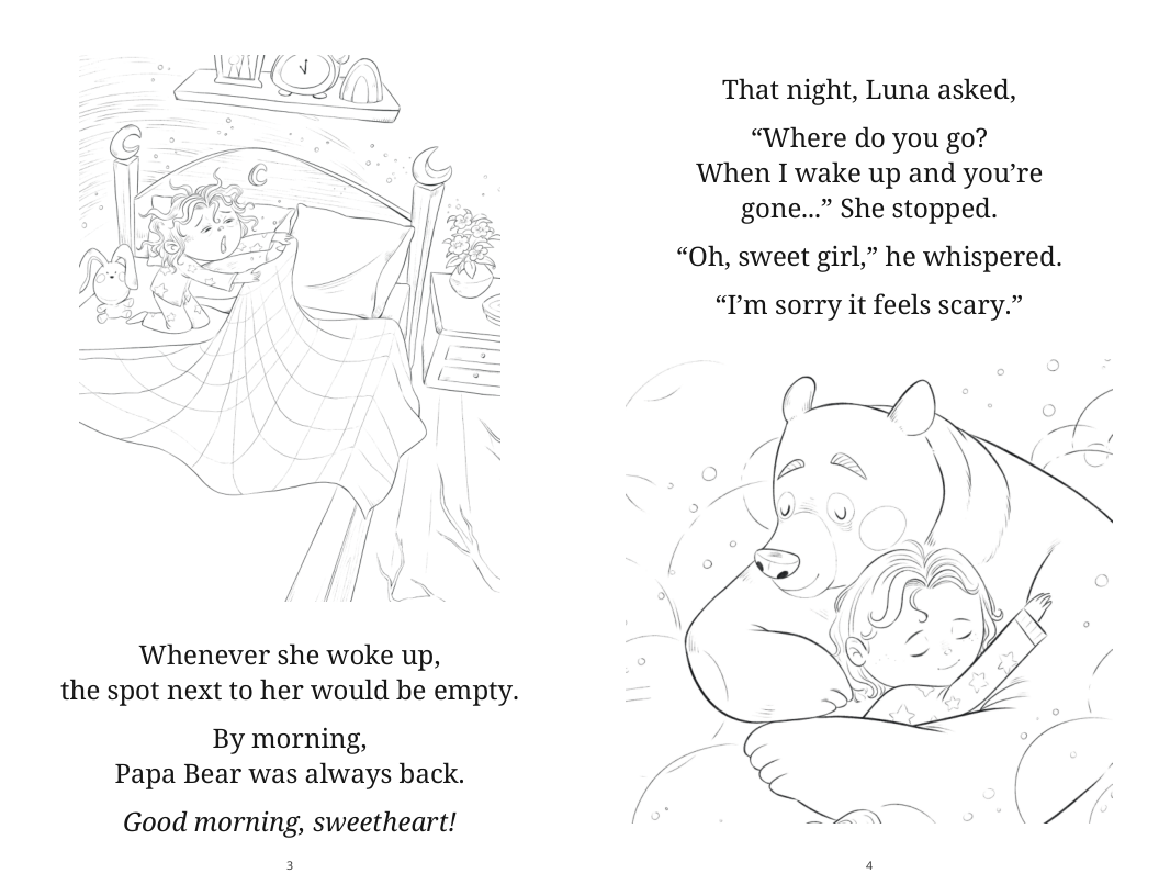 One landscape sheet showing two story pages with Funti’s line illustrations to color